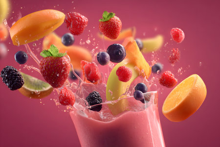 A delicious smoothie bursts with energy as fresh fruits like bananas, strawberries, oranges, and kiwi fly around. The lively scene showcases a playful mix of colors and flavors.の素材