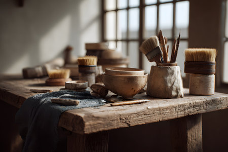 A well-organized wooden table displays an array of colorful pottery and art supplies in a bright, sunlit studio, showing creativity and artistic potential.の素材