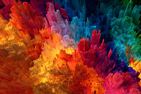 Colorful peaks and valleys create a stunning 3D abstract landscape filled with vibrant hues. The dynamic arrangement captures attention with its vivid details and depth.の素材