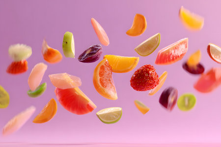 Various slices of fruit are suspended mid-air, showing vibrant colors. The backdrop is a soft purple, enhancing the bright appearance of the fresh fruits.の素材