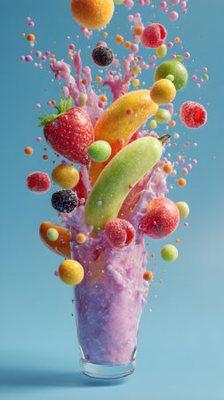 A tall glass filled with a thick, refreshing smoothie showcases an array of fruits including bananas, berries, and oranges. The bright blue background enhances the colorful display.の素材