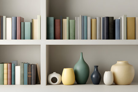 A stylish shelf displays a collection of books alongside two artistic vases in a contemporary setting. The vases have golden accents, adding elegance to the decor.の素材