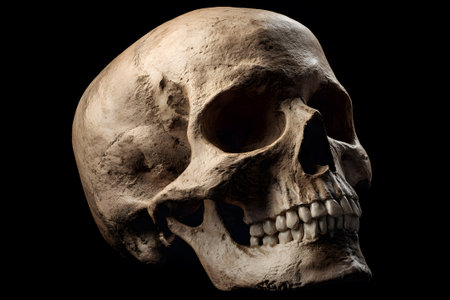 A human skull is prominently displayed against a black backdrop. The detailed view highlights the intricate structure and dental features, emphasizing its anatomical significance.の素材