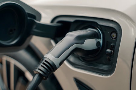 A close-up view of an electric vehicle charging at night. The charging plug is securely connected, glowing blue as it supplies power. The car's sleek design reflects the dim lights around.の素材