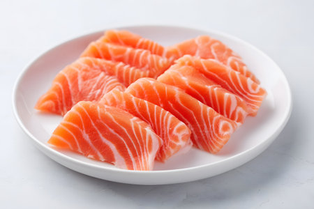 Bright orange salmon slices are placed on a clean white plate, showing fresh, high-quality fish perfect for sushi or sashimi. This setup highlights the vibrant color and marbling.の素材