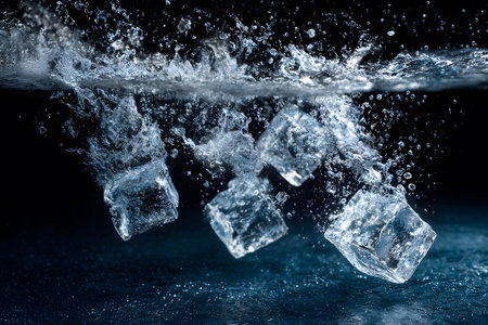 Ice cubes drop into sparkling blue water, creating splashes and bubbles. The scene captures the refreshing essence of summer fun and cool drinks enjoyed by the poolside.の素材