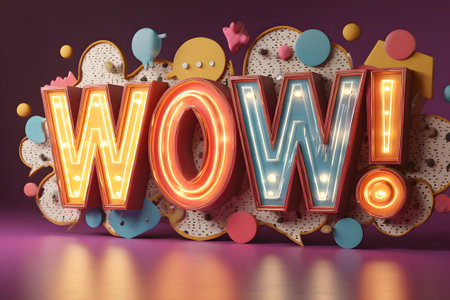 Bright and colorful letters form the word wow, each adorned with lights. The playful display stands out against a dark backdrop, creating an eye-catching visual effect.の素材