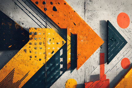 Brightly colored arrows in shades of blue, yellow, orange, and pink decorate a concrete wall in an urban area. The artwork creates an energetic and dynamic atmosphere.の素材
