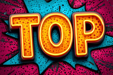 Neon sign displays the word top in bright colors with a playful design featuring bold shapes and patterns on a dark backdrop, perfect for attracting attention.の素材