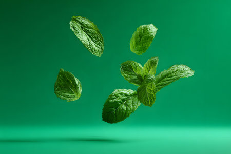 Fresh mint leaves are captured in mid-air against a smooth green backdrop, showing their rich texture and vibrant color. The scene evokes a sense of freshness and energy.の素材