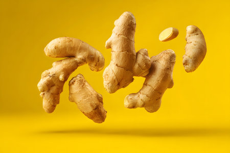 Several ginger roots hover in mid-air, creating an artistic display against a cheerful yellow backdrop. This scene highlights the natural texture and color of the ginger.の素材