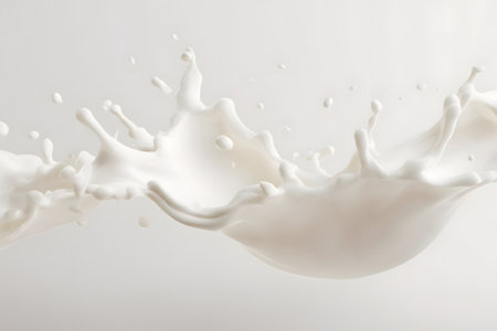 A splash of milk bursts upwards, forming a stunning crown-like shape against a simple white background. The movement captures the beauty of fluid dynamics in food photography.の素材
