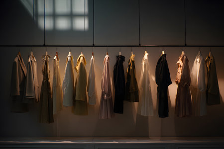 A clothing boutique features a row of stylish garments hanging on wooden hangers. Soft lighting enhances the elegant design and colors of the clothes, creating a calm atmosphere.の素材