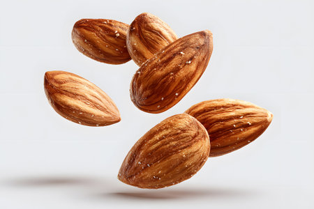 Shelled almonds are suspended in mid-air above a smooth white surface, capturing the moment of movement and freshness, ideal for healthy eating themes.の素材