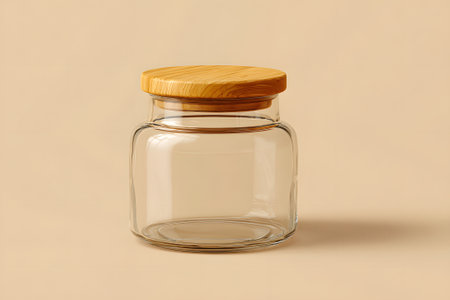 A clear glass jar with a golden lid is centered on a smooth surface under soft lighting. The jar has no contents, showing its simple and elegant design.の素材