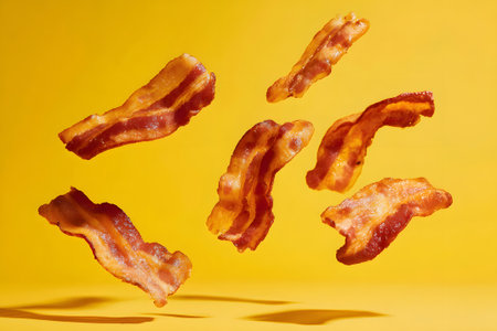 Bacon strips hover in the air, showing their crispy texture and appetizing color. The bright yellow backdrop enhances the savory appeal of the bacon.の素材
