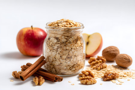 Jars filled with rolled oats sit beside fresh apples and walnuts on a white surface, infused with the warm scent of cinnamon. Perfect for a healthy autumn breakfast.の素材