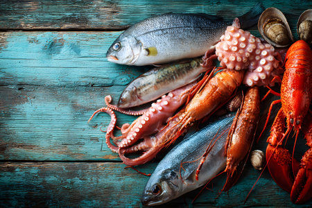 Fresh seafood assortment displayed on wooden table ready for cooking or grillingの素材