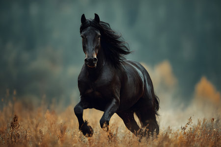 Black horse gallops through a colorful field at dusk in a serene natural landscapeの素材