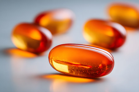 Bright orange gel capsules scattered on a smooth surface in soft lightingの素材