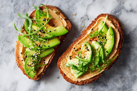Delicious avocado toast topped with fresh greens on dark breadの素材