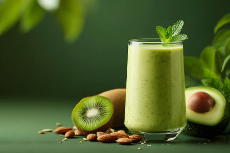 Fresh green smoothie with kiwi, avocado, and nuts on a green background in a cozy kitchen settingの素材