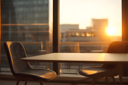 Morning sun shines through glass window illuminating a dining area with chairs and a table near a cityscapeの素材