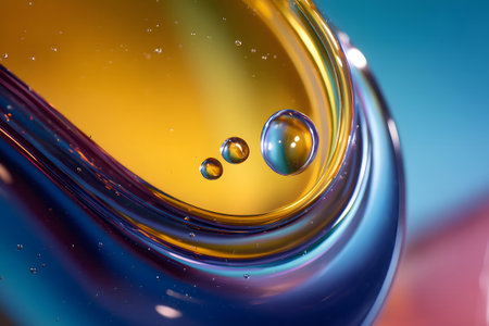 Colorful oil droplets swirl together in bright hues showing unique patterns and texturesの素材