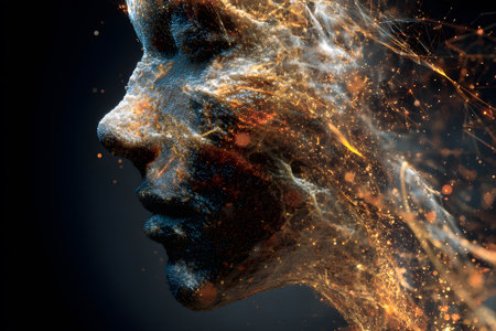 Artistic representation of a face merging with abstract elements in a dark settingの素材