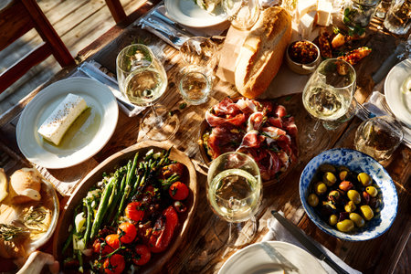 Friends sit around a rustic wooden table filled with diverse Mediterranean dishes. Fresh salads, grilled fish, bread, and drinks are shared in a sunny outdoor setting, promoting joyful conversation.の素材