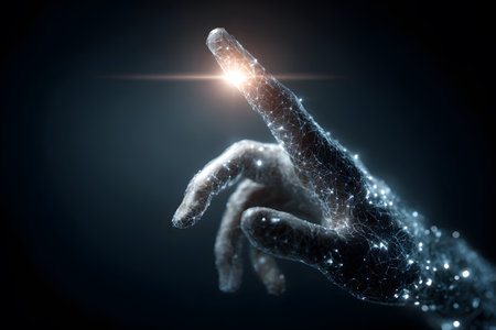 A glowing hand made of digital particles extends toward an unseen object in a dark environment, creating a mystical and futuristic atmosphere filled with light.の素材