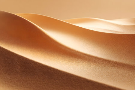 Beneath the warm light of golden hour, soft sand dunes create gentle ripples and shadows in an expansive desert landscape, conveying tranquility and beauty.の素材