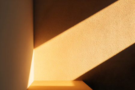 Natural light streams through a window, casting soft, striped shadows on a wooden floor in a simple, uncluttered room during golden hour. The warm tones create a serene atmosphere.の素材