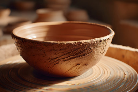 A skilled artisan shapes a clay bowl on a pottery wheel in a warm-lit workspace. The texture of the clay and the vibrant earthy tones highlight the craft of pottery making.の素材