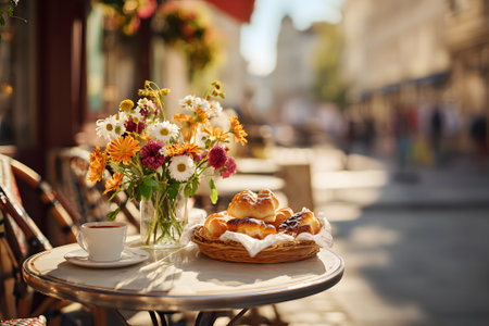 A delightful outdoor cafÃ© table displays a vase of fresh flowers next to a cup of coffee and an assortment of pastries. The sun shines on a bustling city street.の素材