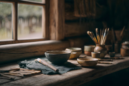 A well-organized wooden table displays an array of colorful pottery and art supplies in a bright, sunlit studio, showing creativity and artistic potential.の素材