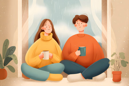 Two friends sit on the floor, sipping warm drinks while gazing out a window during a rainy day. Sunlight filters in, creating a cozy atmosphere filled with plants.の素材