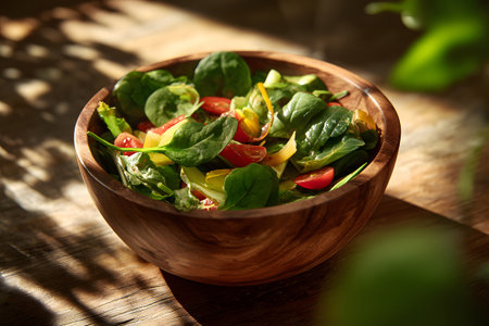 A vibrant salad featuring fresh spinach, cherry tomatoes, and bell peppers is served in a rustic wooden bowl. Natural sunlight highlights the colors and textures on a wooden table.の素材
