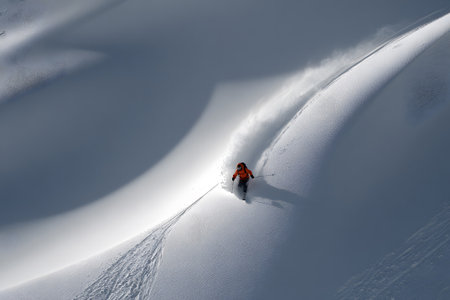 Skiing down a pristine snowy slope in a stunning winter landscape during a clear dayの素材