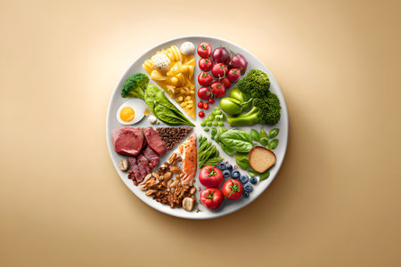 Balanced meal plate featuring assorted fruits, vegetables, proteins, and grains arranged in a colorful patternの素材