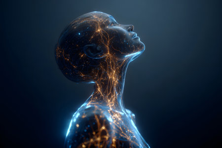 Exploration of artificial intelligence through the glowing silhouette of a digital being with neural connectionsの素材