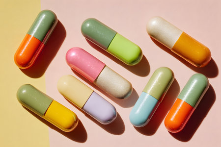 Colorful capsules arranged on a pastel background create an eye-catching visual of modern wellness productsの素材