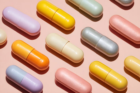 Colorful capsules arranged on a pink background showcase a variety of shapes and hues for health and wellnessの素材