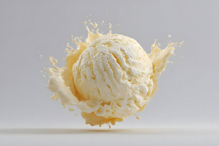 Creamy ice cream scoop splashed in milk with dynamic motion on plain backgroundの素材