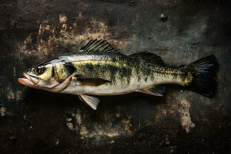 Freshly caught bass lies on a dark surface after being filled in a home kitchen settingの素材