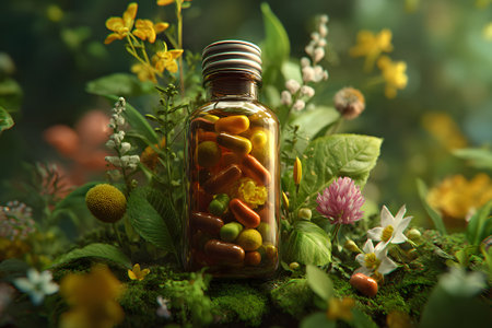 Colorful capsule bottle surrounded by vibrant flowers and lush greenery in a serene natural settingの素材
