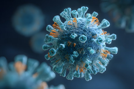Microscopic view of a virus showing intricate details and structure in vibrant colorsの素材