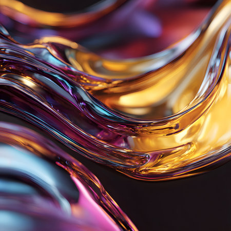 Swirling, colorful fluid shapes blend together in vibrant hues of yellow, blue, and purple, creating a dynamic visual experience against a dark backdrop.の素材