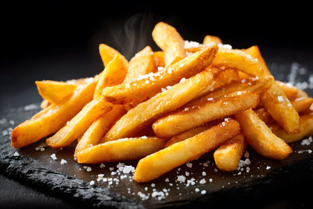 A serving of crispy golden fries sits on a dark slate plate. They are lightly sprinkled with sea salt, showcasing a delicious and tempting snack perfect for sharing.の素材