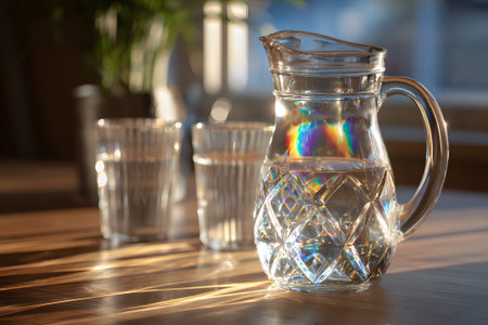 A glass pitcher filled with clear water rests on a wooden table. Sunlight creates a rainbow effect as it shines through the pitcher, illuminating the surrounding glasses.の素材